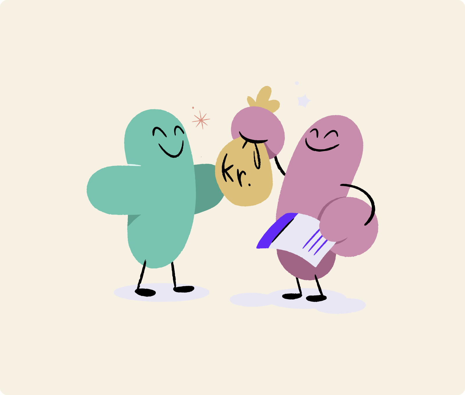 Illustrasjon som viser en figur som gir en annen figur en pengesekk.