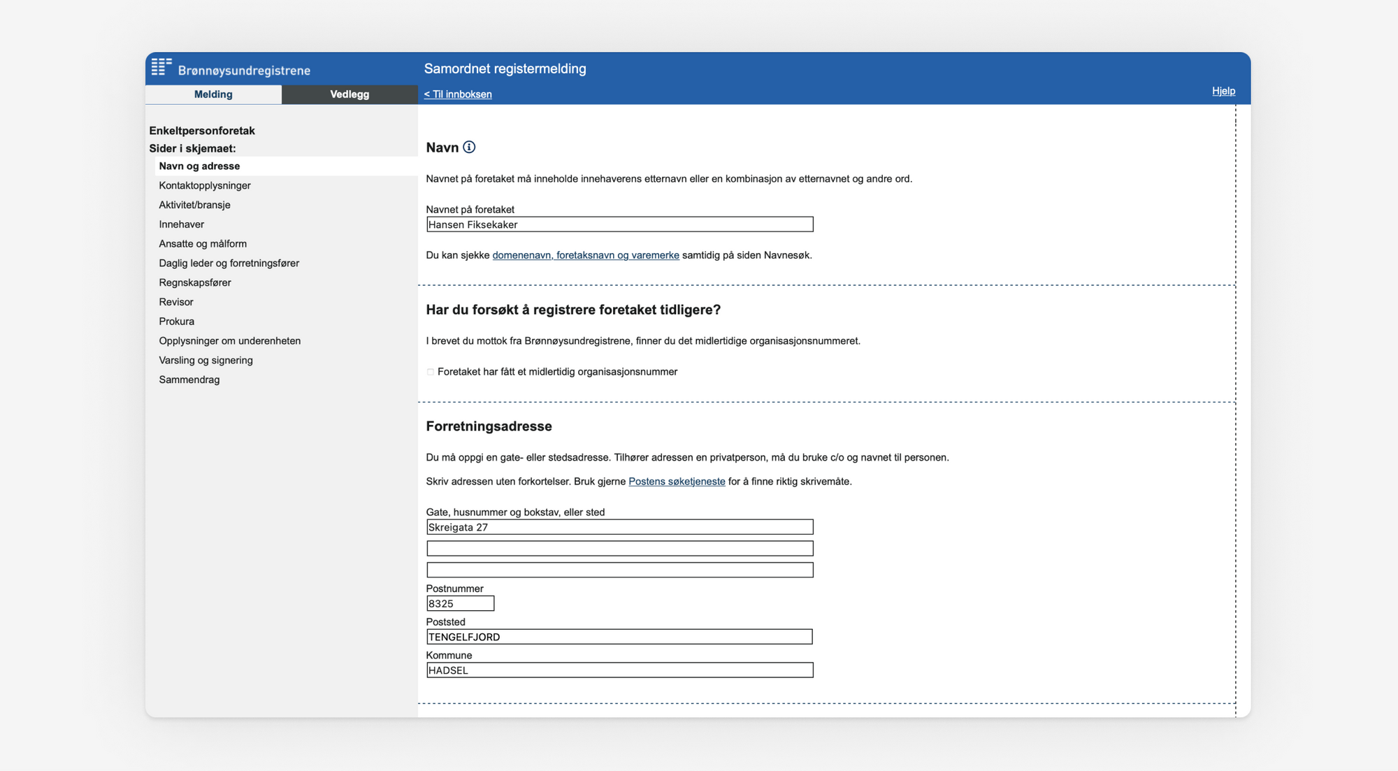 Skjermbilde som viser utfylling av navn og adresse i Samordnet registermelding