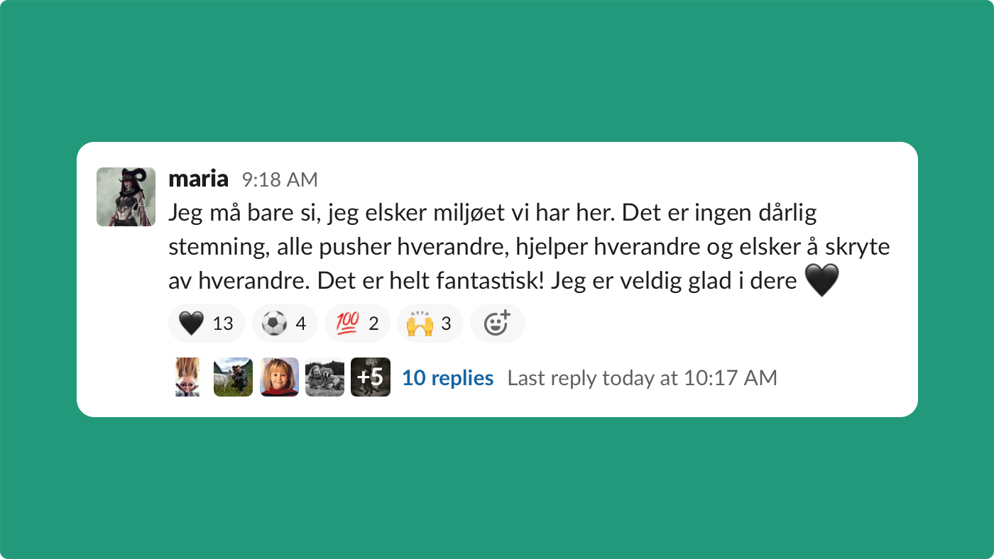 Skjermbilde som viser en Slack-melding som roser av arbeidsmiljøet i Fiken