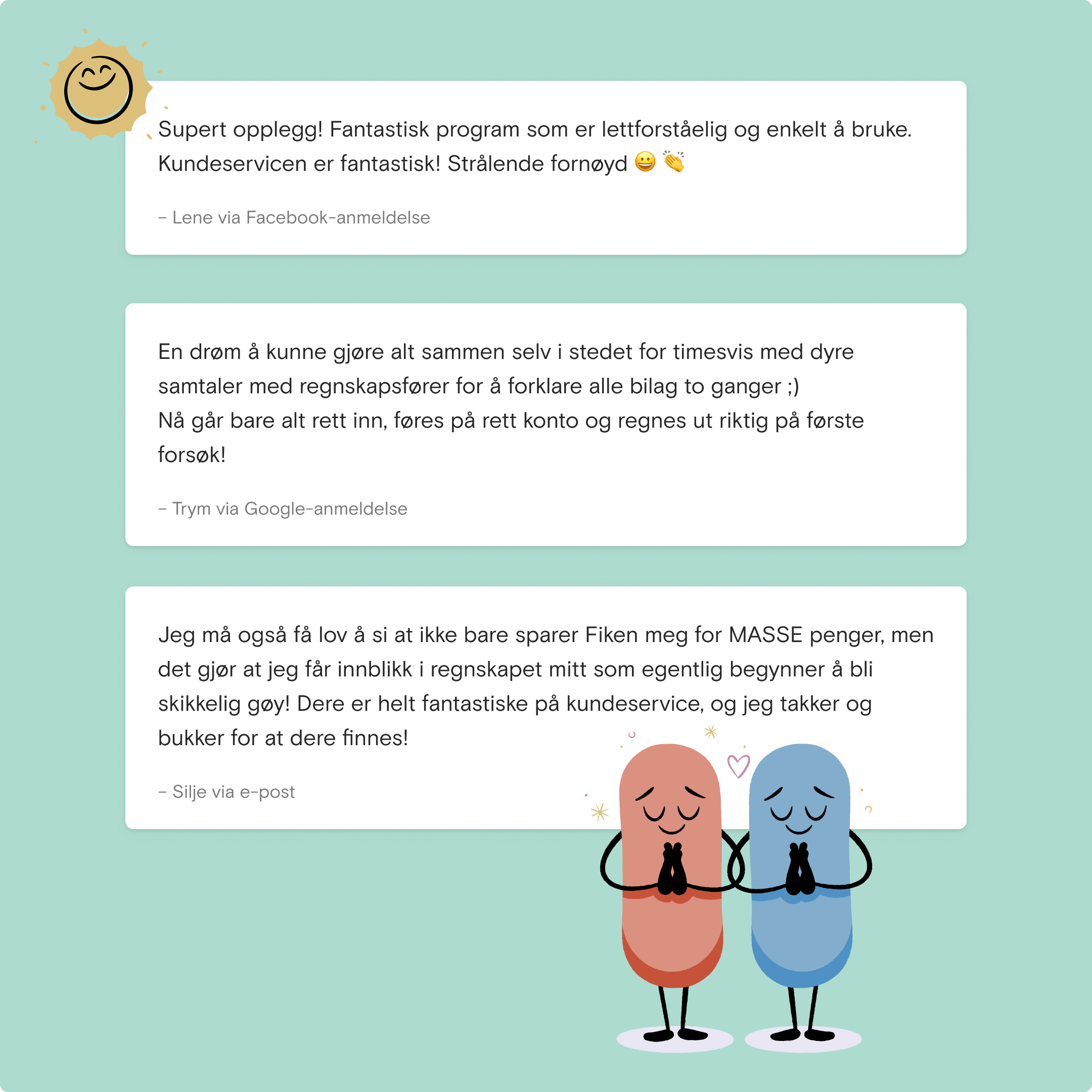 Illustrasjon som viser tre kunde-tilbakemeldinger som roser Fiken