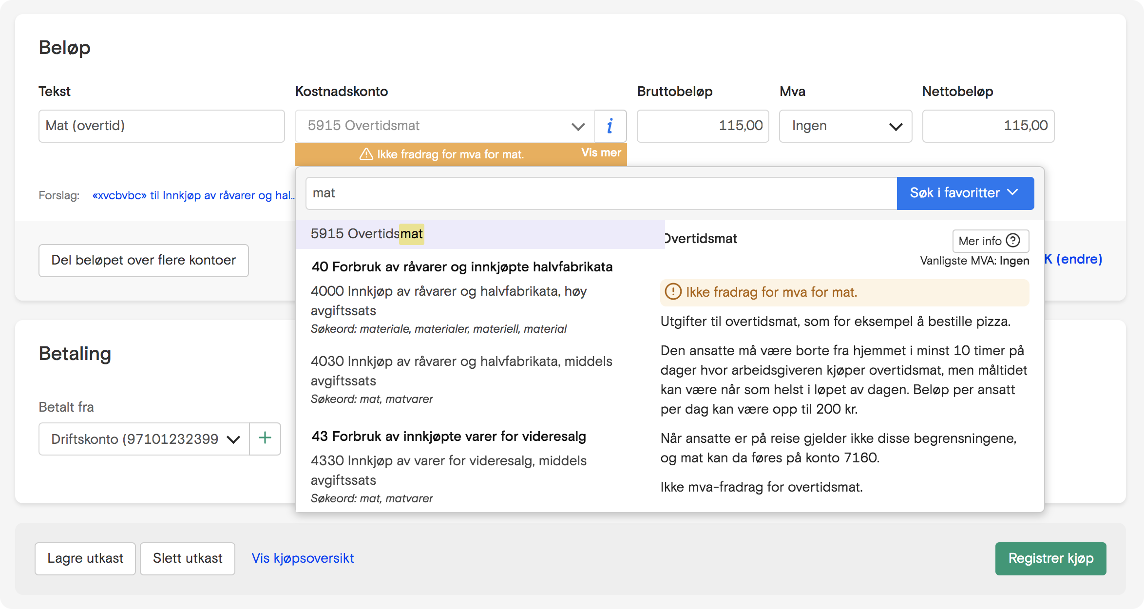 Skjermbilde som viser at advarsel inne i Fiken, om at dette ikke er mva-fradrag på mat