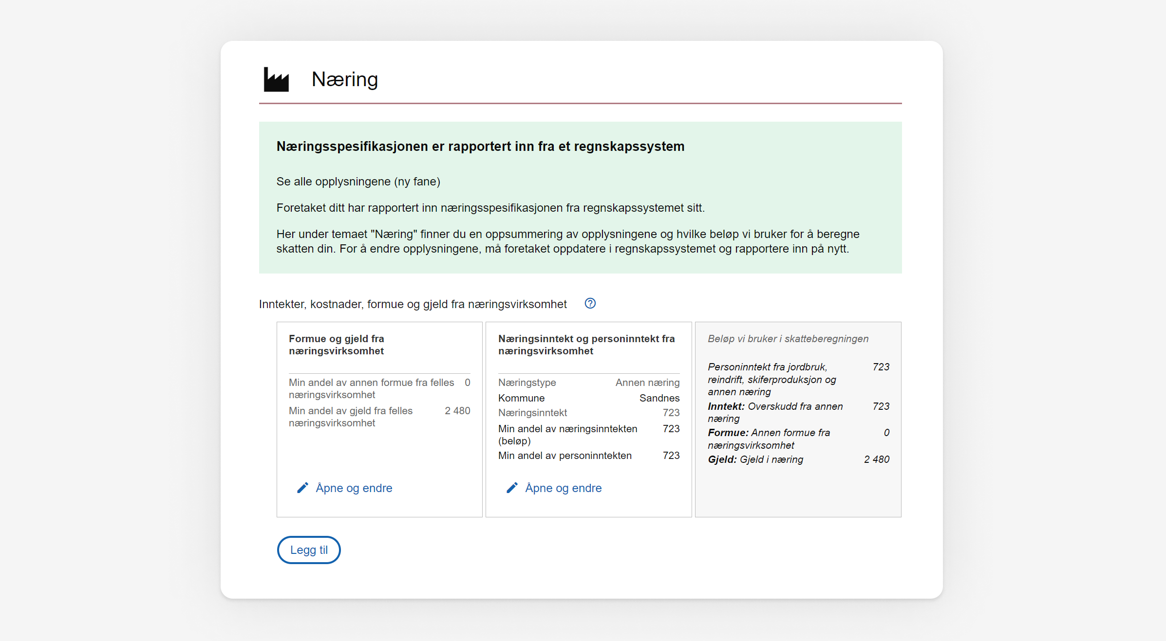 Skjermbilde som viser oppsummering av tallene fra Fiken hos Skatteetaten: Næringsspesifikasjonen