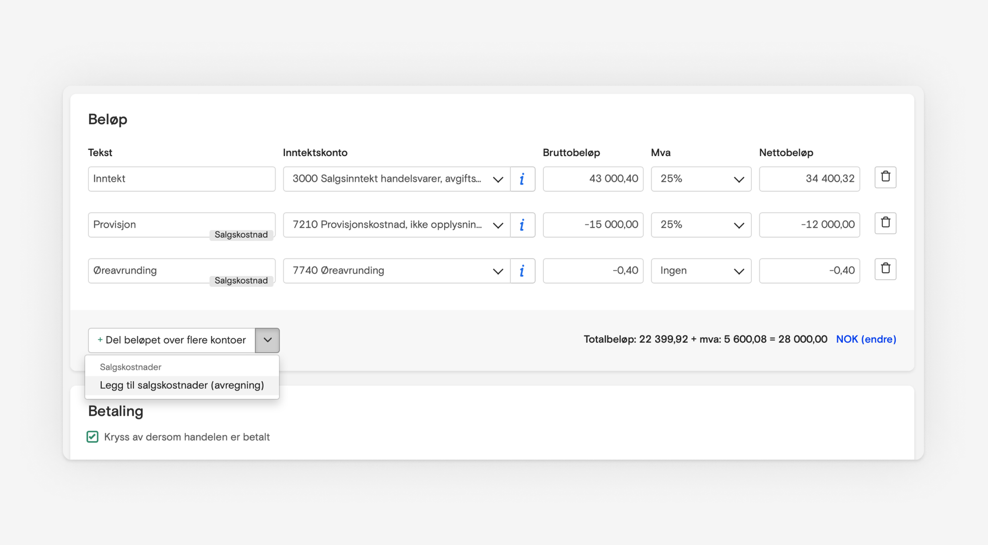 Skjermbilde fra Fiken som viser registrering av salgskostnader