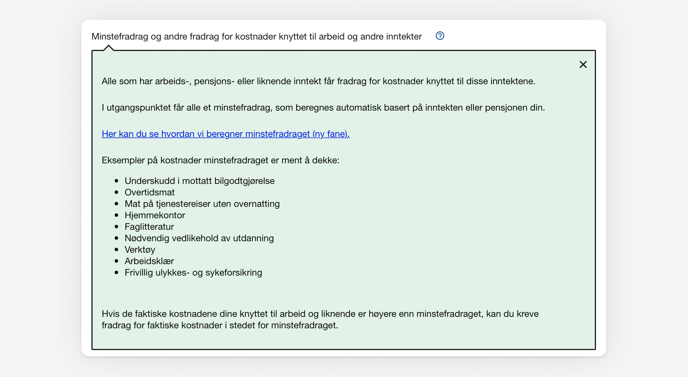 Skjermbilde fra skattemeldingen som gir eksempel på hva som er inkludert i minstefradraget