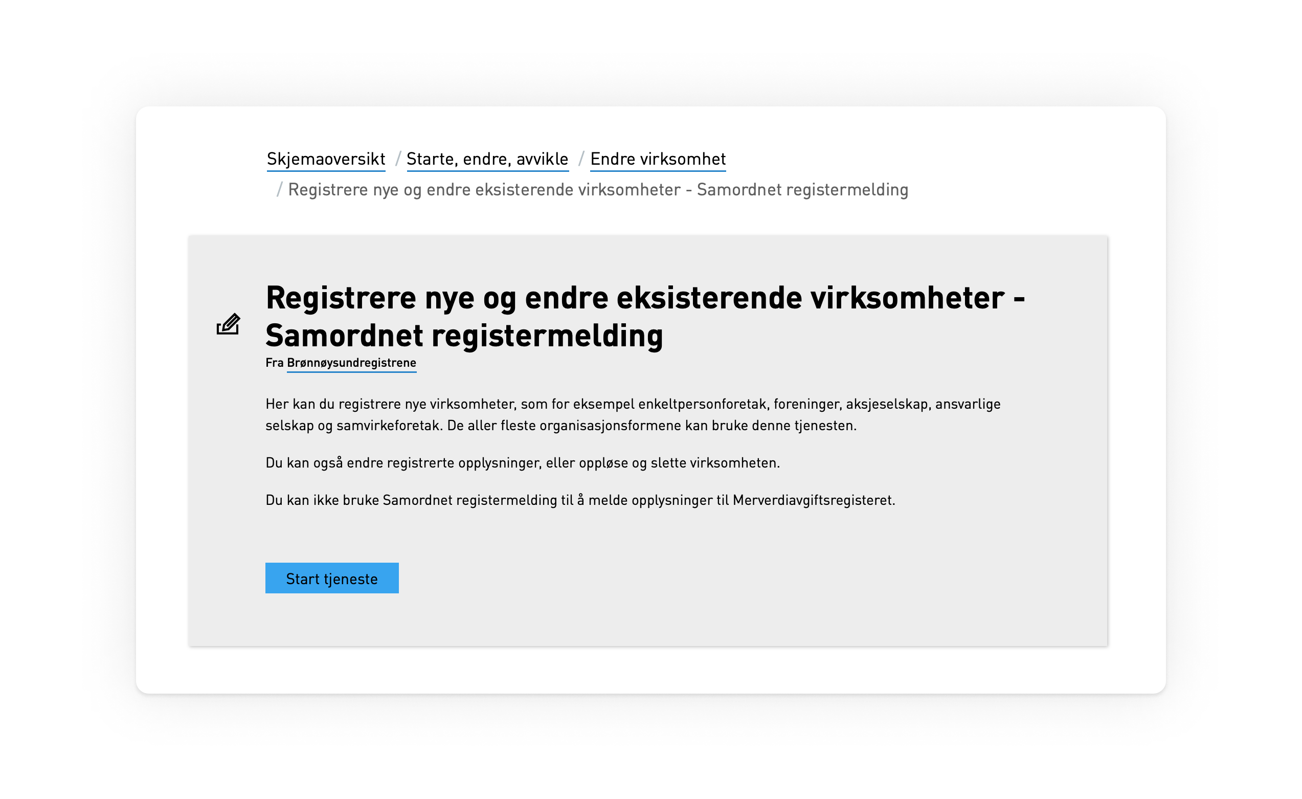 Skjermbilde som viser startsiden for Samordnet registermelding hos Altinn.
