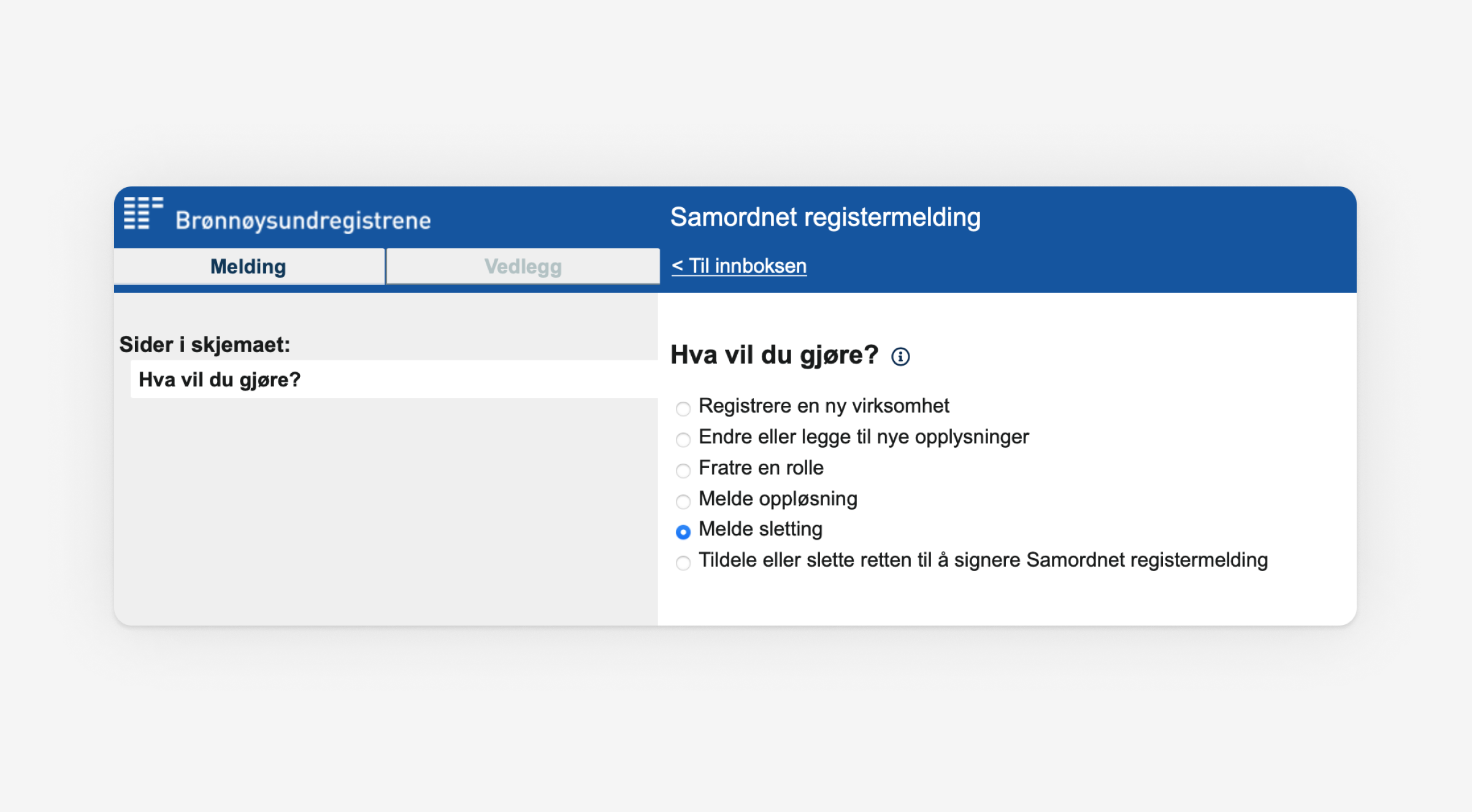 Skjermbilde som viser valg om å melde sletting via Samordnet registermelding