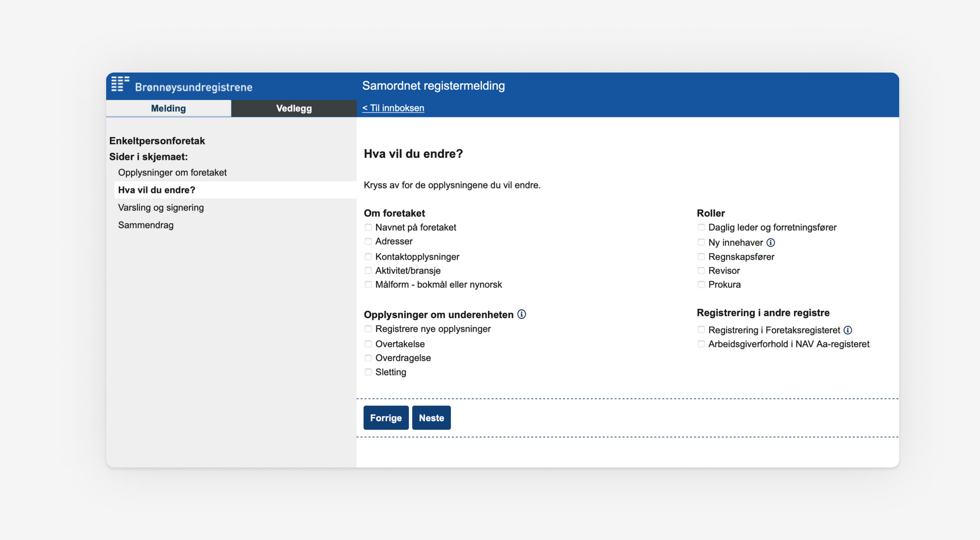 Skjermbilde som viser oversikt over informasjon du kan endre via samordnet registermelding