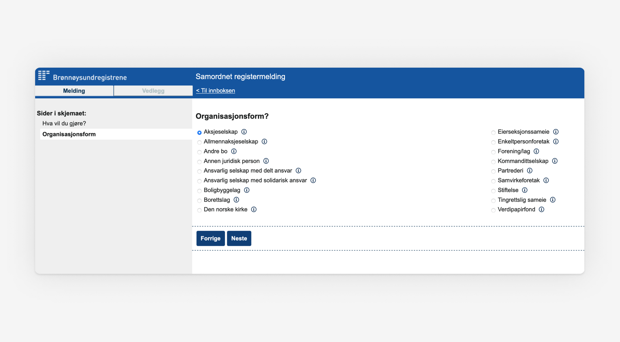 Skjermbilde som viser oversikt over alle organisasjonsformene du kan opprette via Samordnet registermelding.