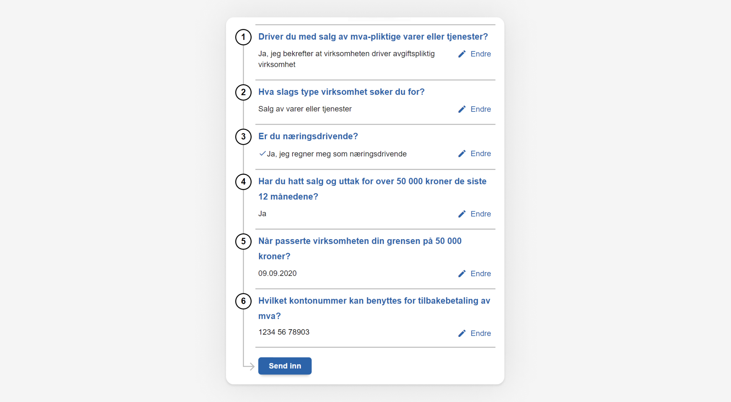 Skjermbilde som viser spørsmålene du må svare på for å bli registrert i Merverdiavgiftsregisteret