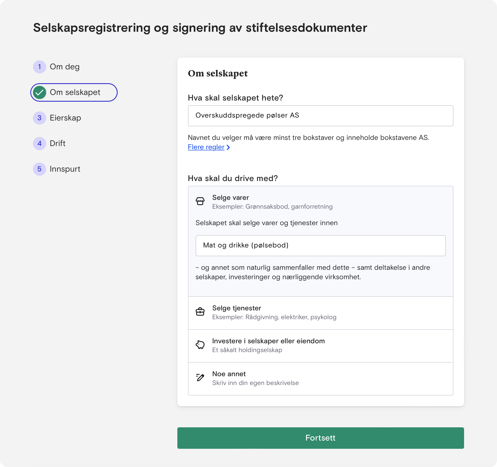Skjermbilde som info som må fylles inn om selskapet for å starte AS