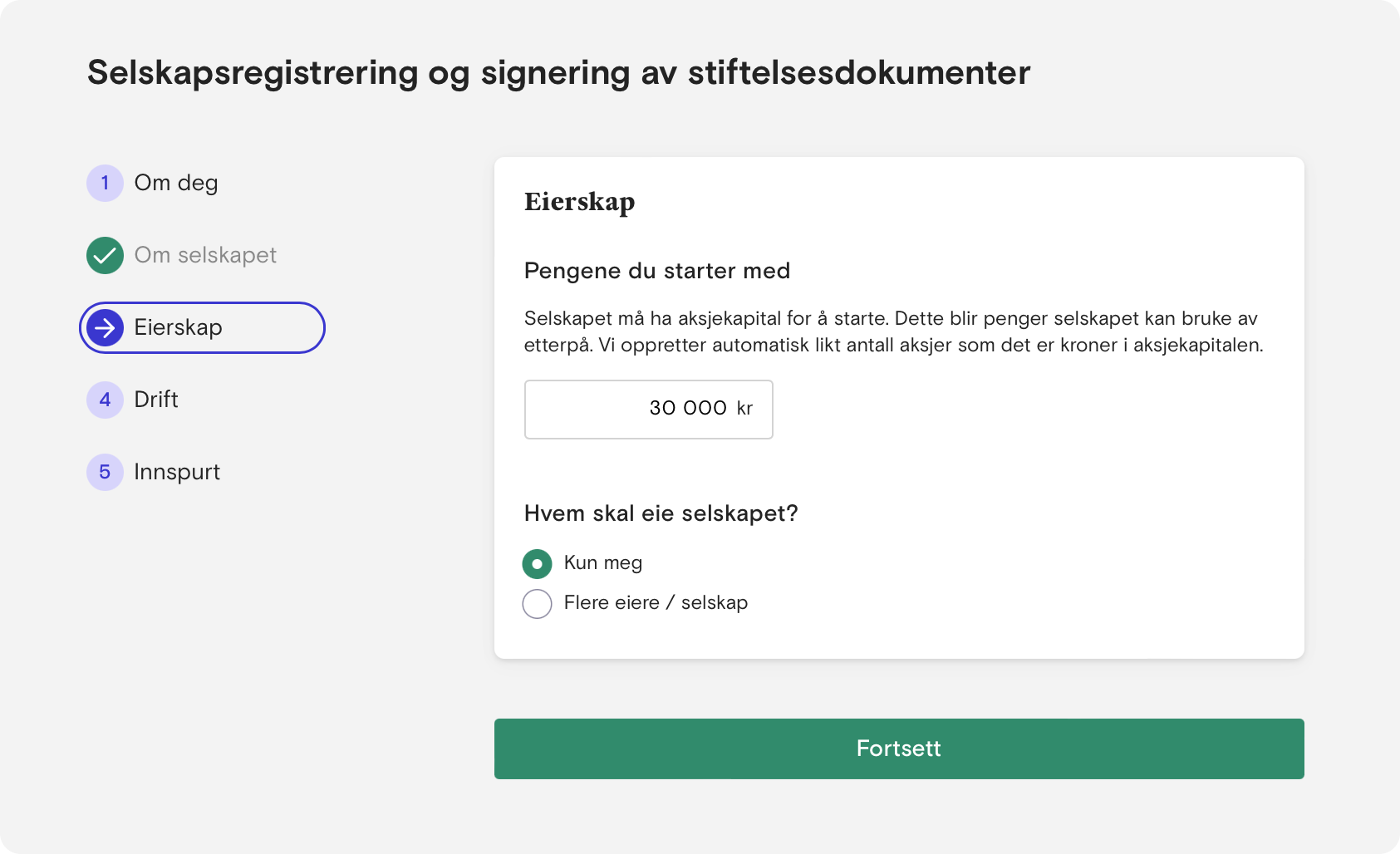 Skjermbilde som viser utfylling av info om eierskap i selskapet som skal startes