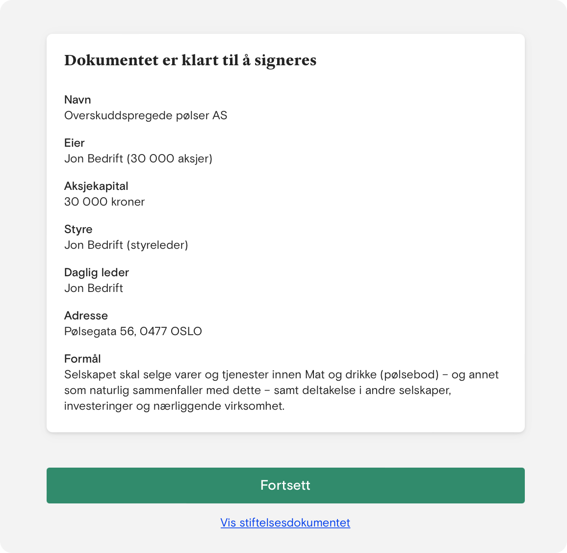 Skjermbilde som viser en oppsummering av selskapets vedtekter