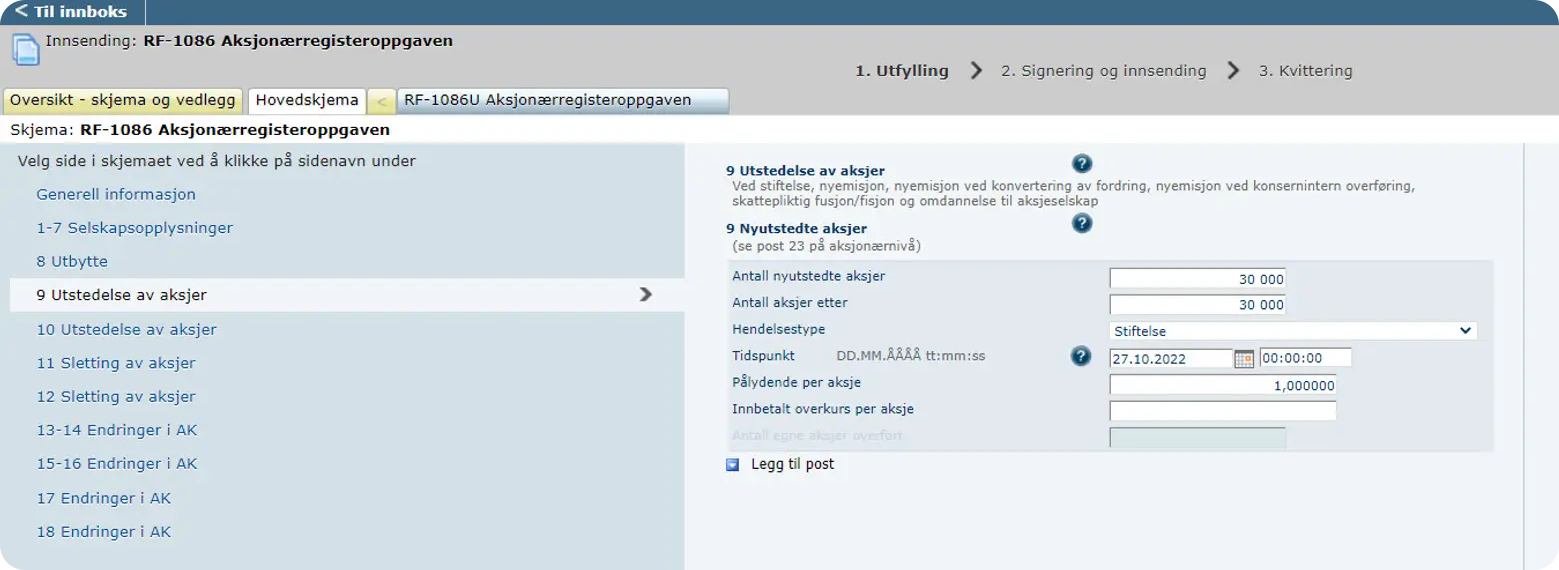 Skjermbilde fra Altinn som viser utfylling av informasjon om nyutstedte aksjer i aksjonærregisteroppgaven