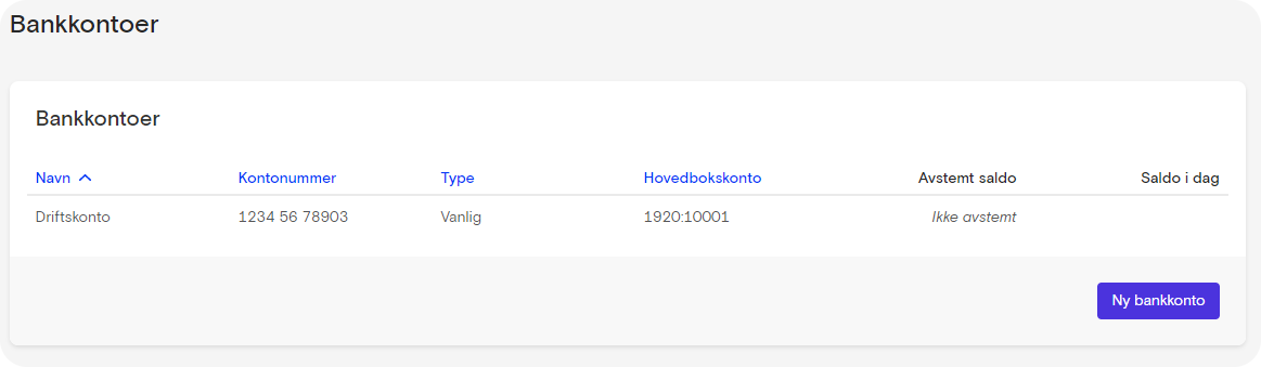 Skjermbilde fra Fiken som viser at bedriften bare har en konto