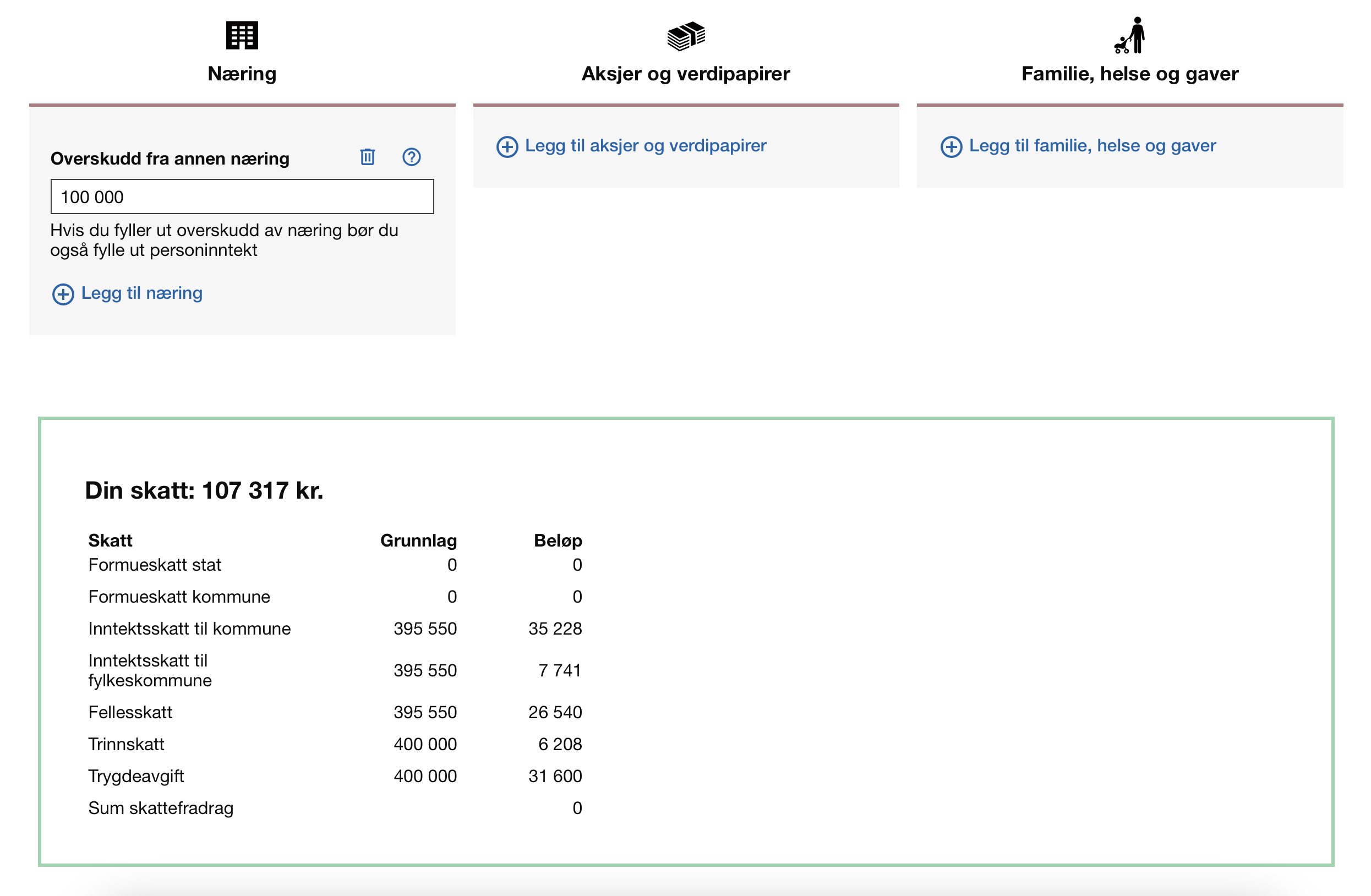 Skjermbilde fra Skatteetatens skattekalkulator som viser eksempel på beregning av skatt for enkeltpersonsforetak