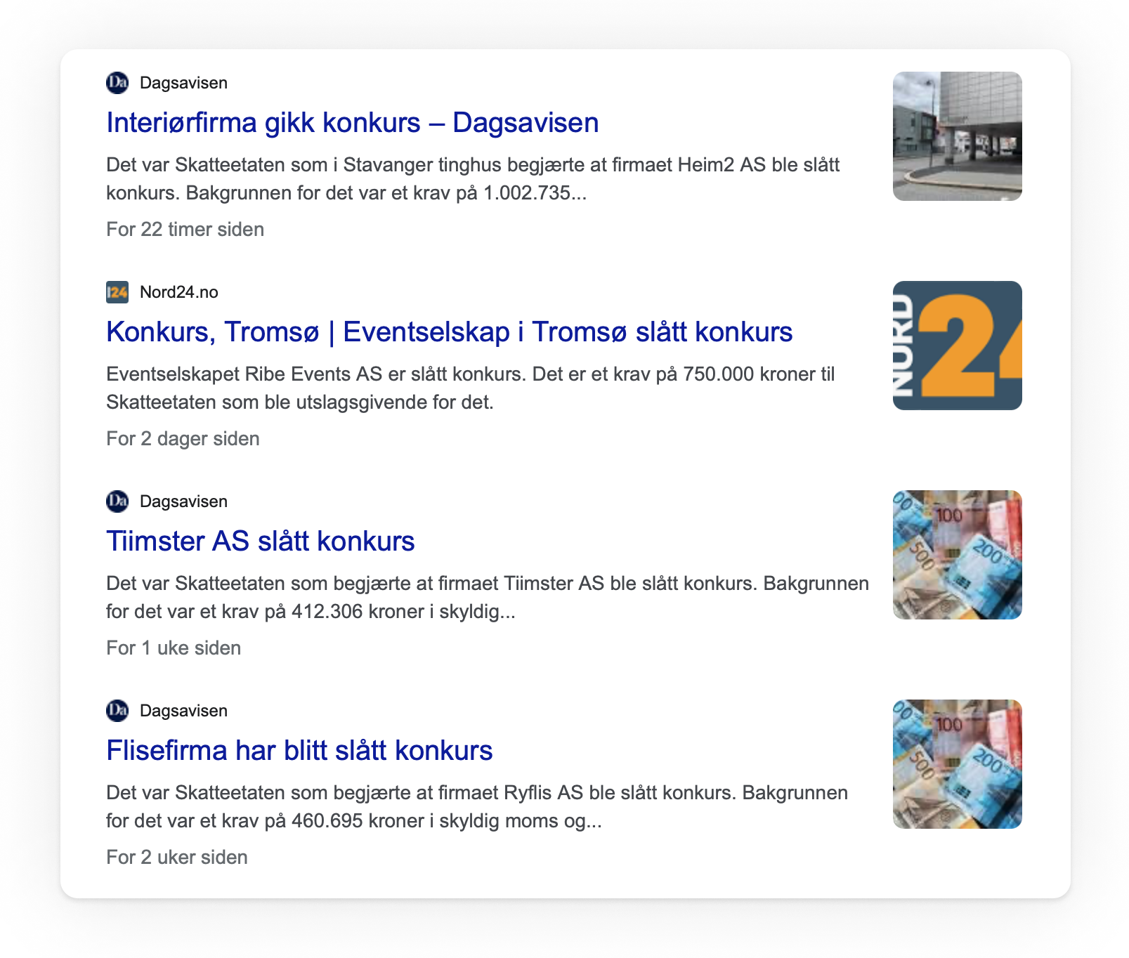 Skjermbilde som viser fem nyhetssaker om bedrifter som har gått konkurs
