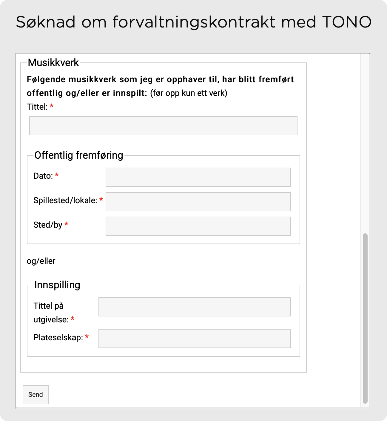 Skjermbilde som viser hva som må fylles ut for å få forvaltningskontrakt med TONO