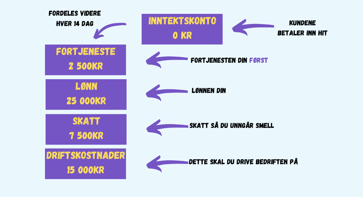 En illustrasjon som viser hvordan du fordeler inntektene dine til fortjeneste, lønn, skatt og kostnader