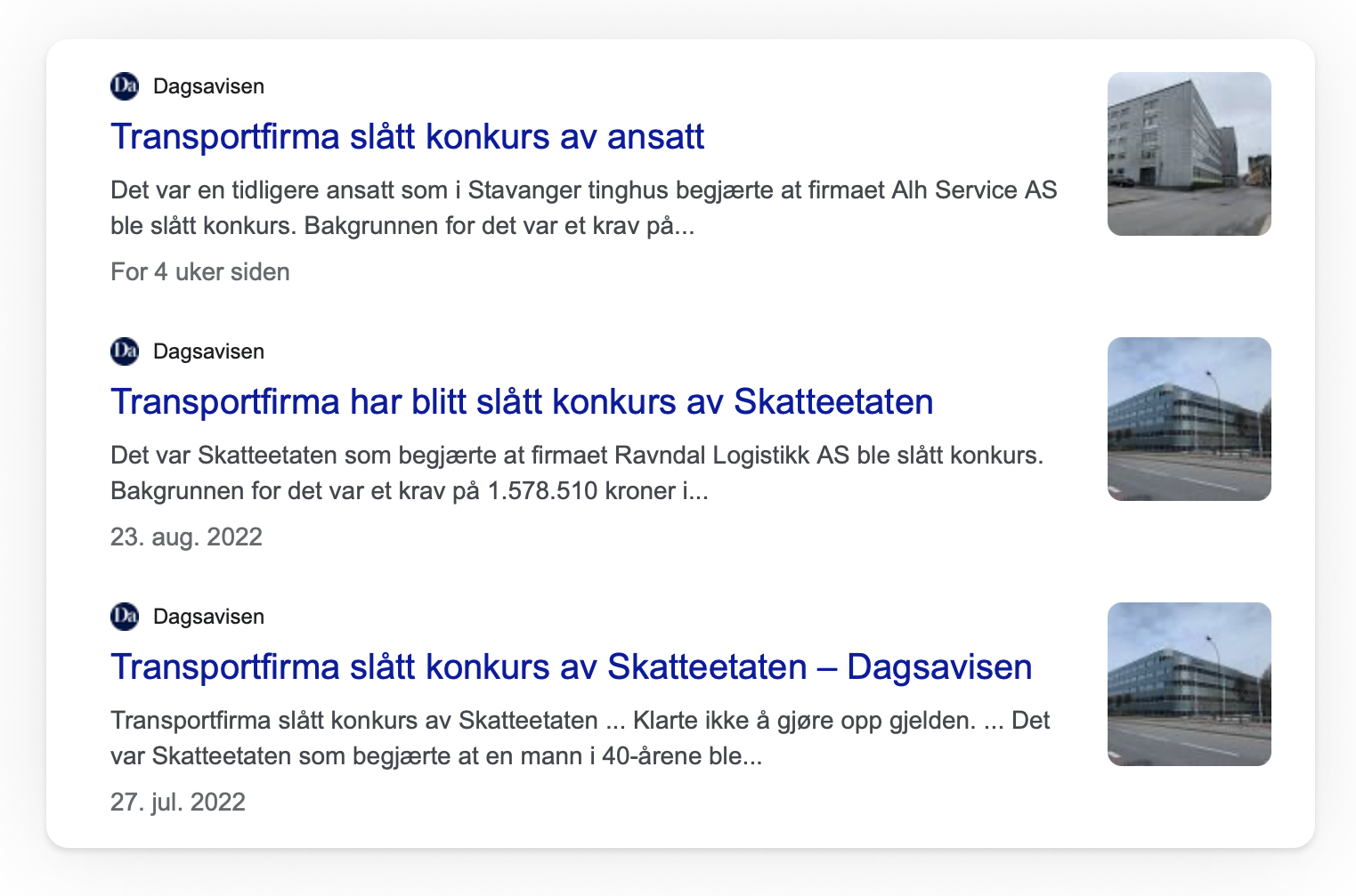Skjermbilde som viser nyhetssaker om transportfirma som har gått konkurs