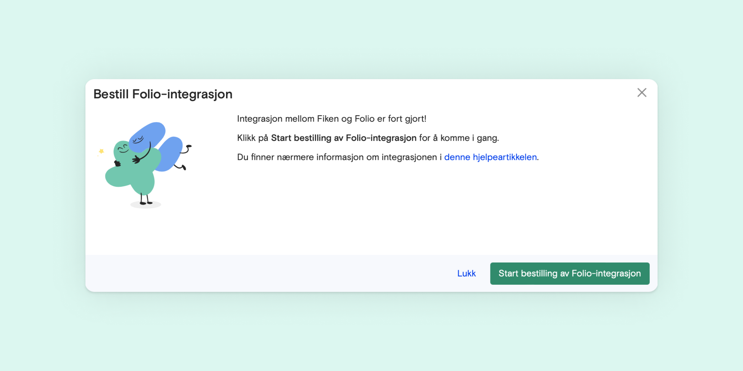 Skjermbilde fra Fiken som viser knapp for å bestille integrasjon med Folio
