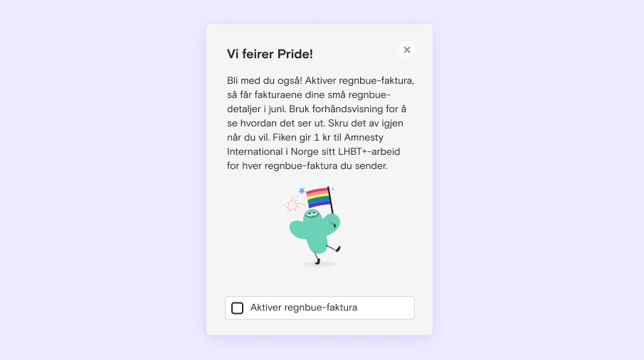 Skjermbilde fra Fiken som viser hvordan man aktiverer regnbuefaktura i Fiken