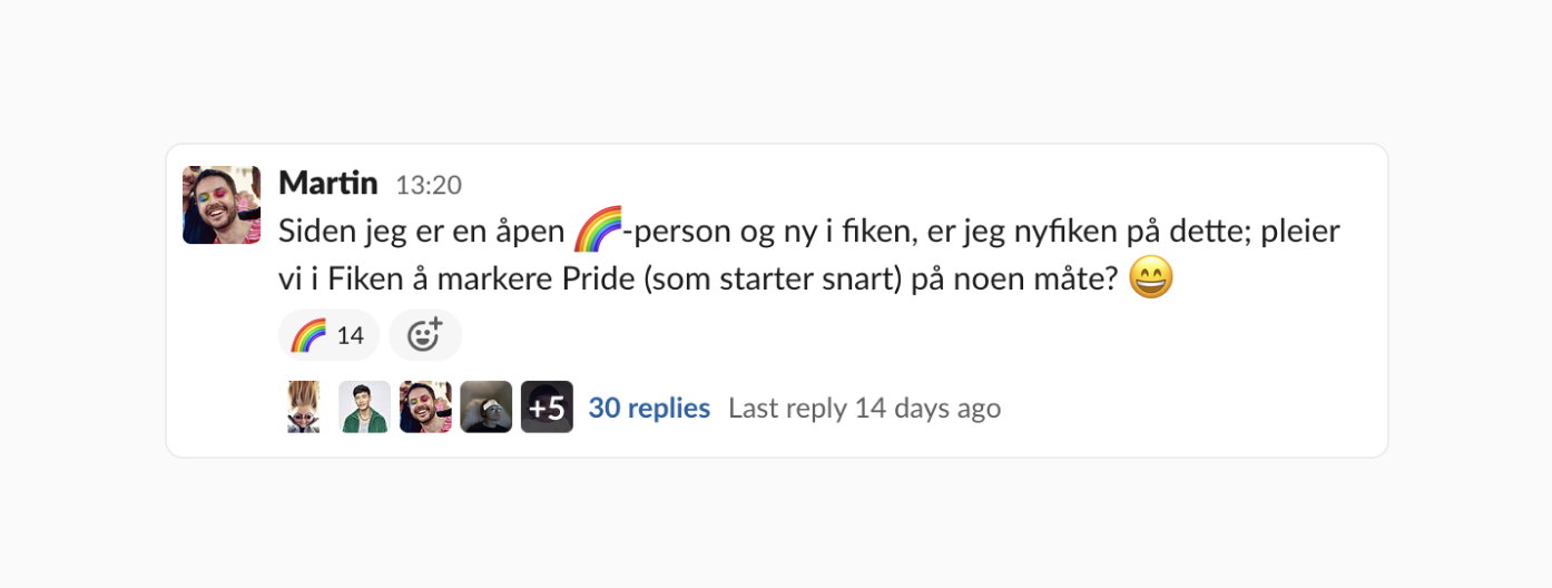 Slack-melding fra Martin (forfatter av innlegget) om hva Fiken gjør for å feire Pride