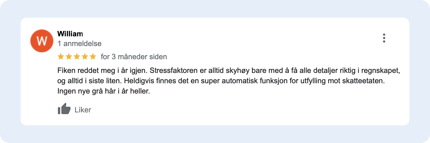 Skjermbilde av anmeldelse som anbefaler Fiken via Google Min Bedrift