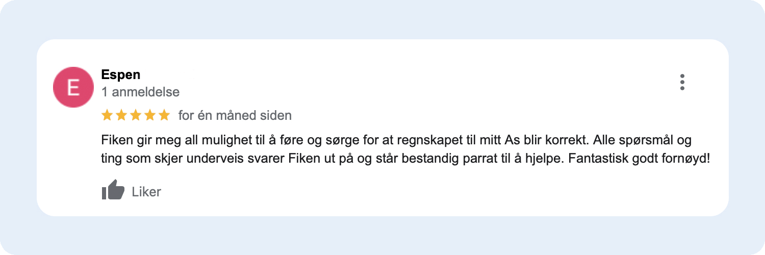 Skjermbilde av anmeldelse som anbefaler Fiken via Google Min Bedrift