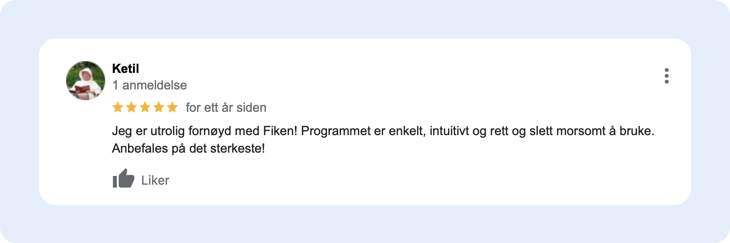 Skjermbilde av anmeldelse som anbefaler Fiken via Google Min Bedrift