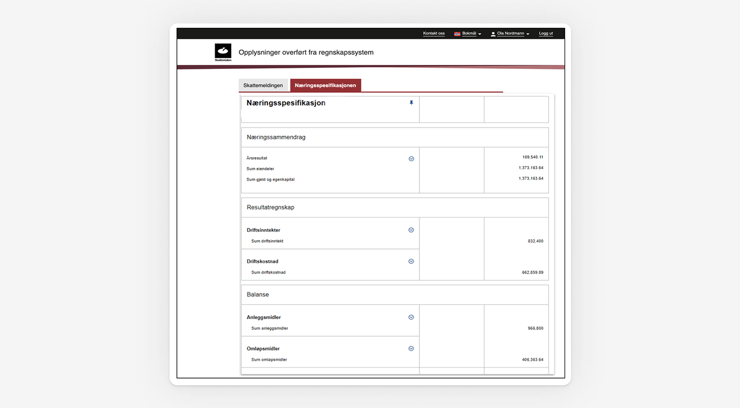 Skjermbilde som viser næringsspesifikasjon i Altinn
