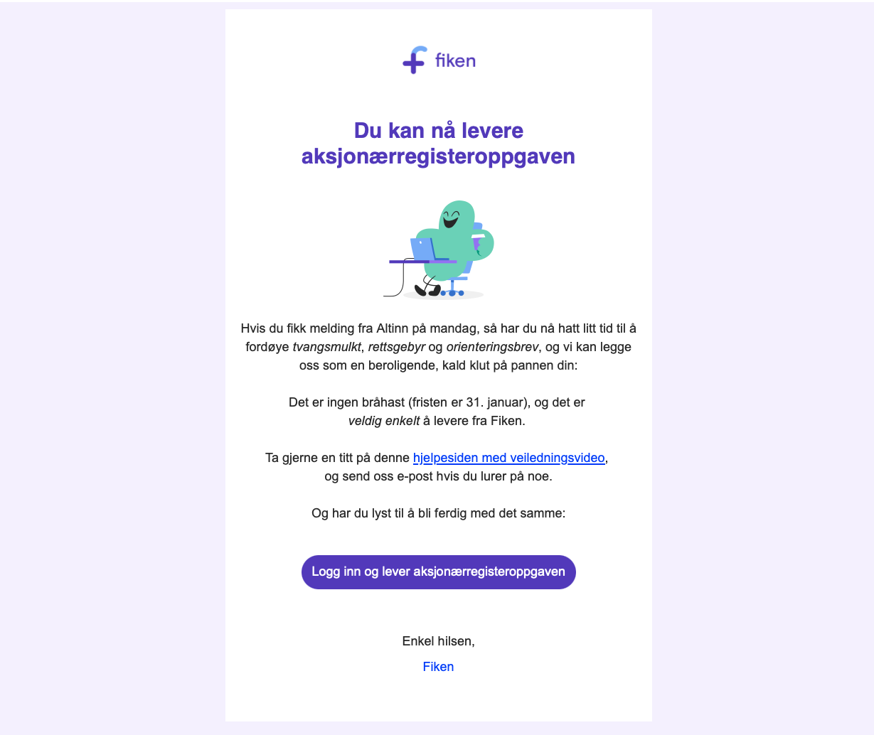 Skjermbilde av en Fiken-e-post om aksjonærregisteroppgaven.