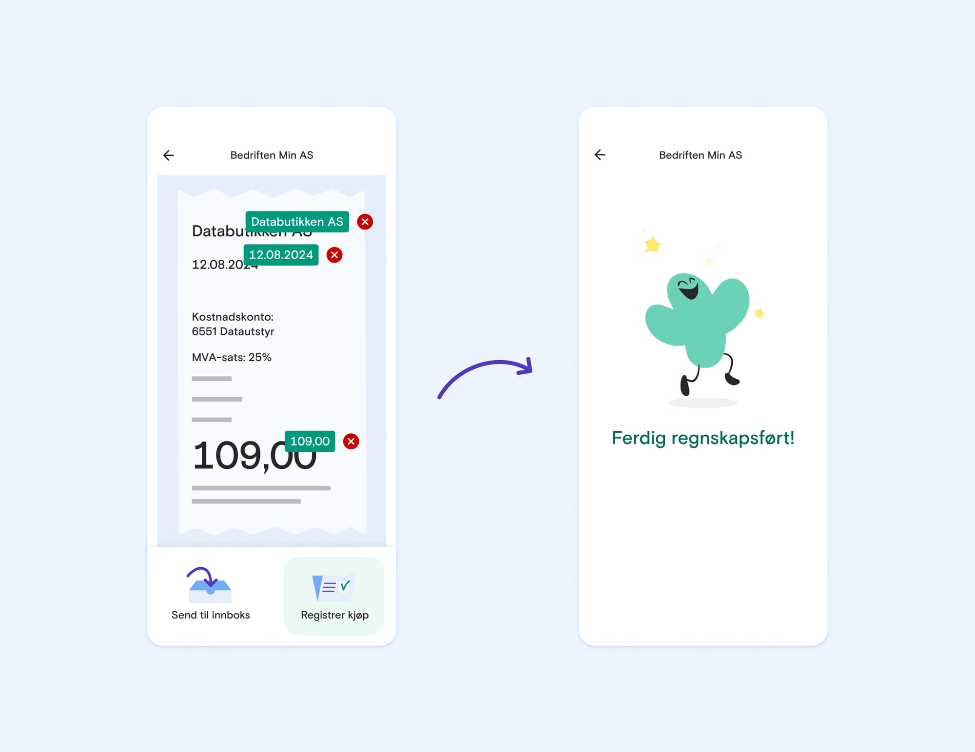 Illustrasjon som viser hvordan Fikens mobilapp tolker en kvittering