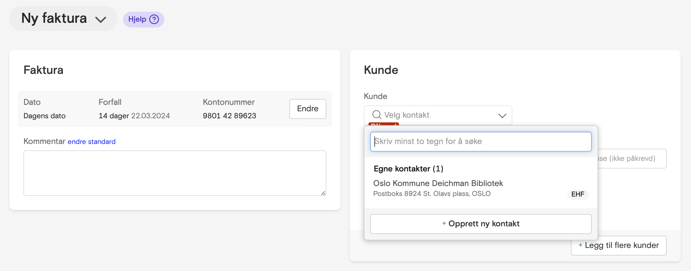 Skjermbilde av opprettelse av EHF-faktura i Fiken
