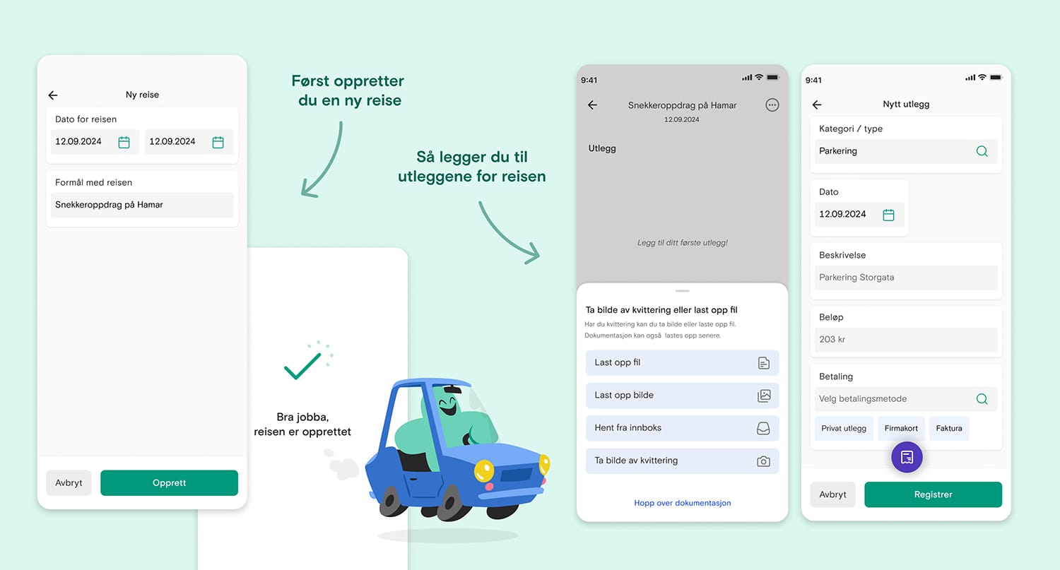 Illustrasjon som viser hvordan funksjonen for reiseregning i Fiken ser ut.