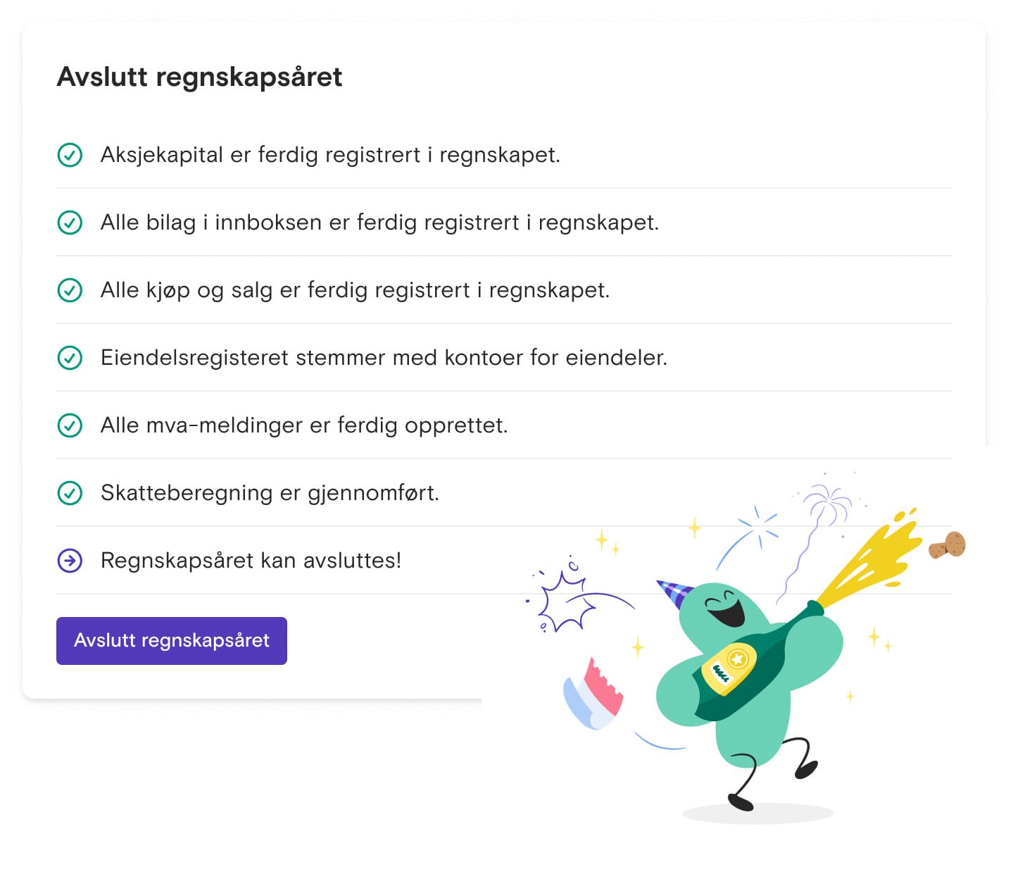 Illustrasjon som viser kontrollpunkter som må godkjennes  før regnskapet kan lukkes i Fiken.