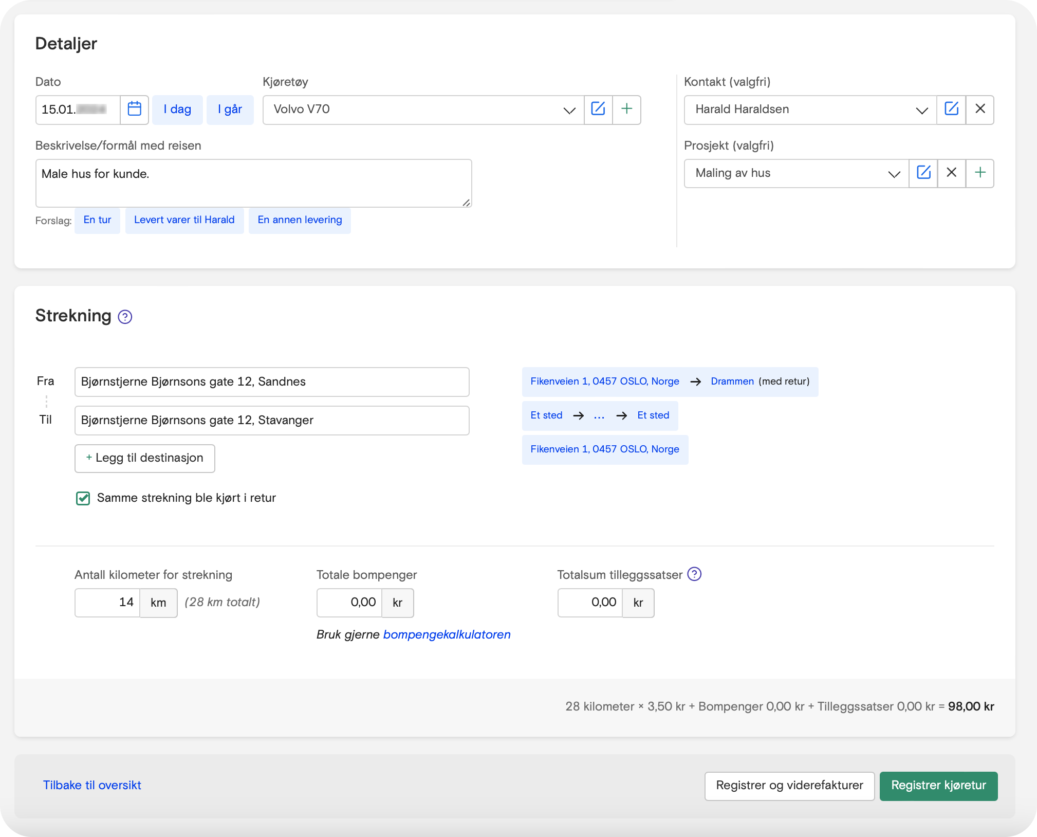 Skjermbilde som det du må fylle ut for å registrere en kjøretur i Fiken