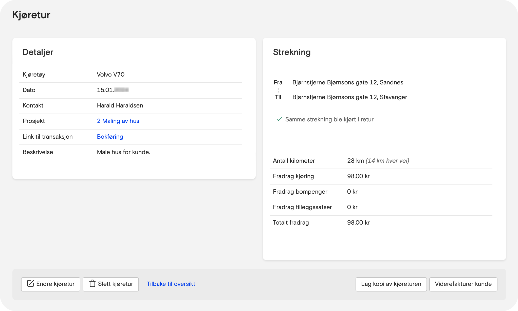 Skjermbilde fra Fiken som viser oppsummering av kjøreturen du har lagt inn