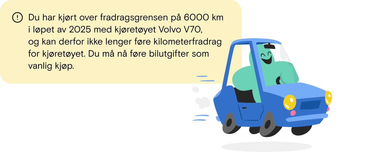 Illustrasjon som viser en advarsel du får i Fiken hvis du har kjørt over 6000 kom på ett kalenderår