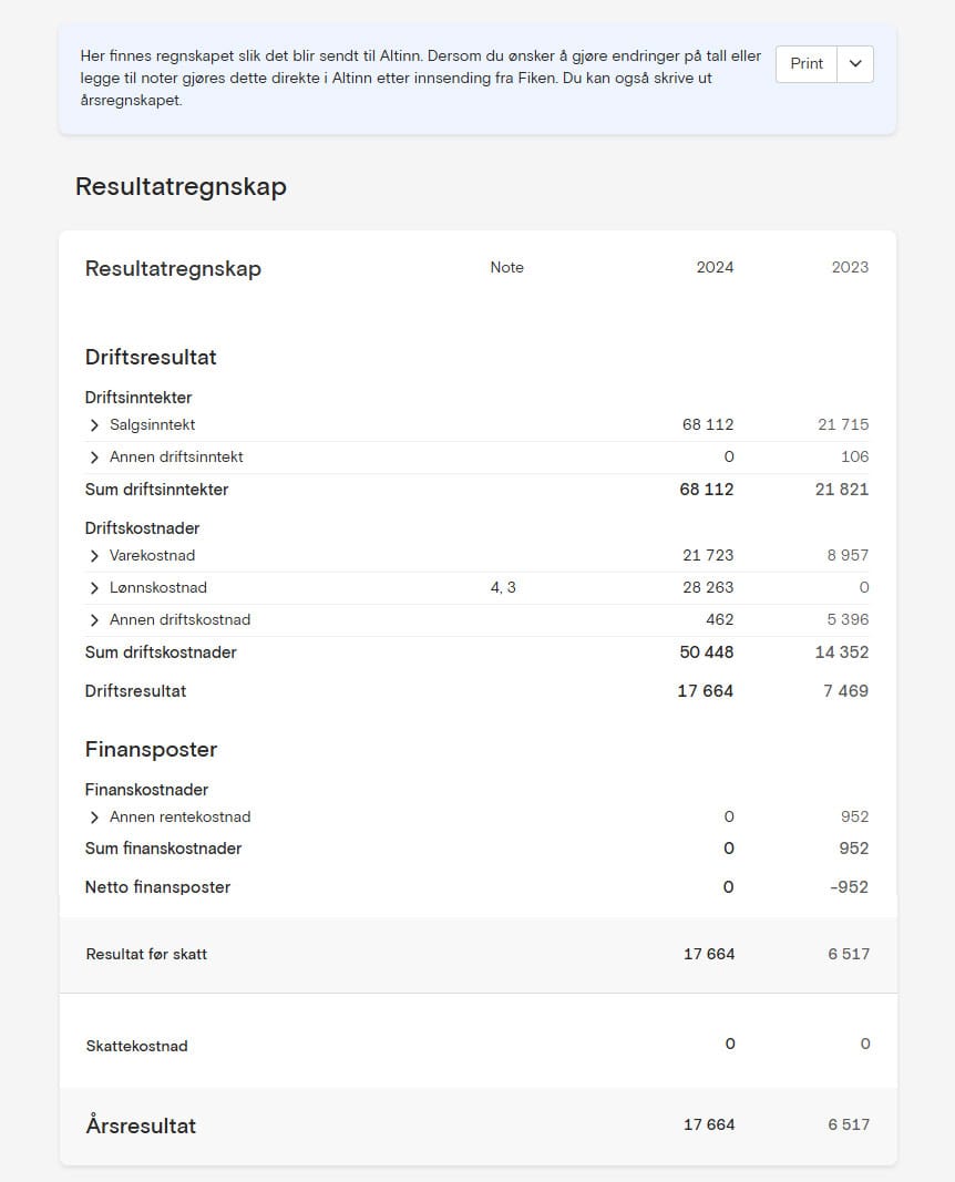 Skjermbilde som viser eksempel på årsregnskap i Fiken.