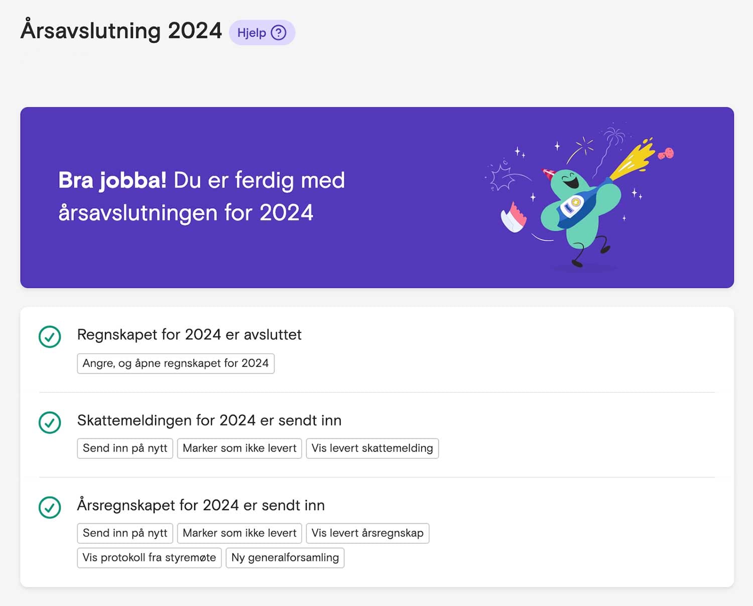 Skjermbilde fra Fiken som viser skattemelding og årsregnskapet er levert