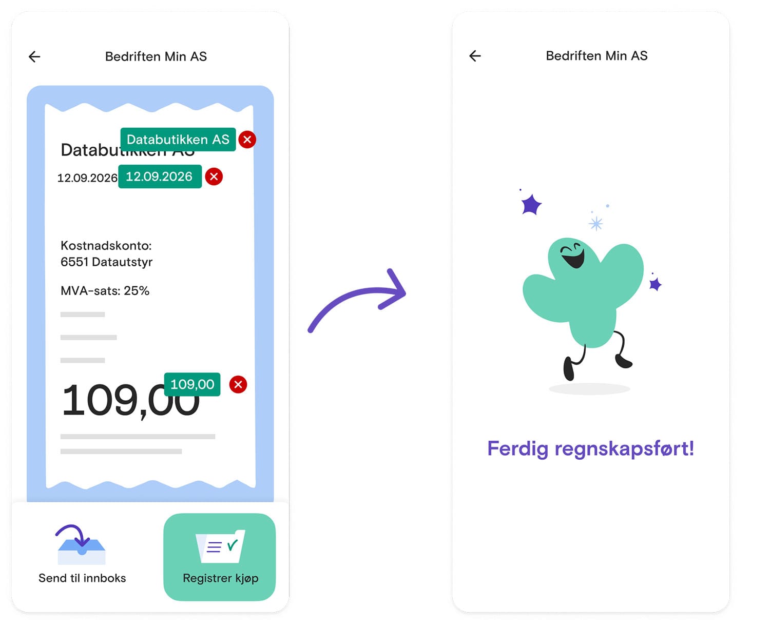 Skjermbilde som viser hvordan Fiken app tolker en kvittering.