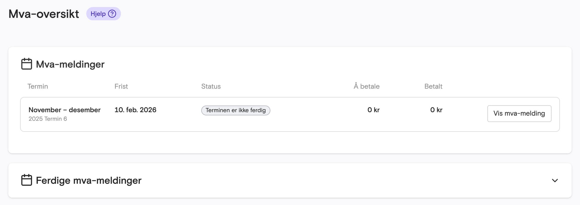 Skjermbilde som viser skattemelding for mva i Fiken
