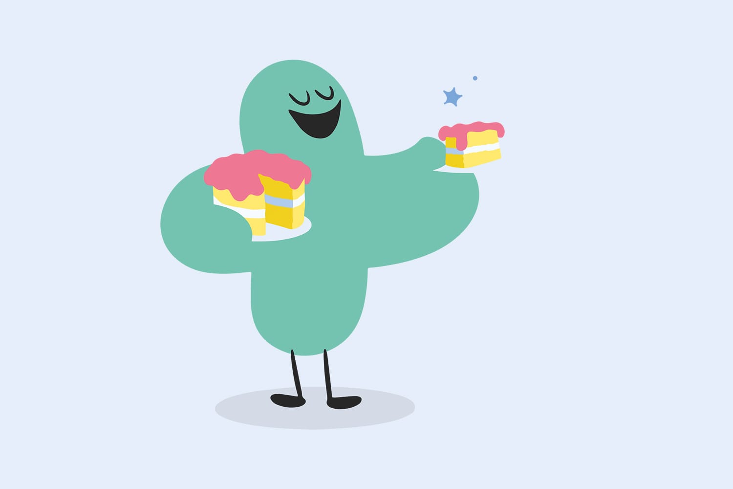 Illustrasjon der en figur gir bort en kakebit som symboliserer skatt man må betale