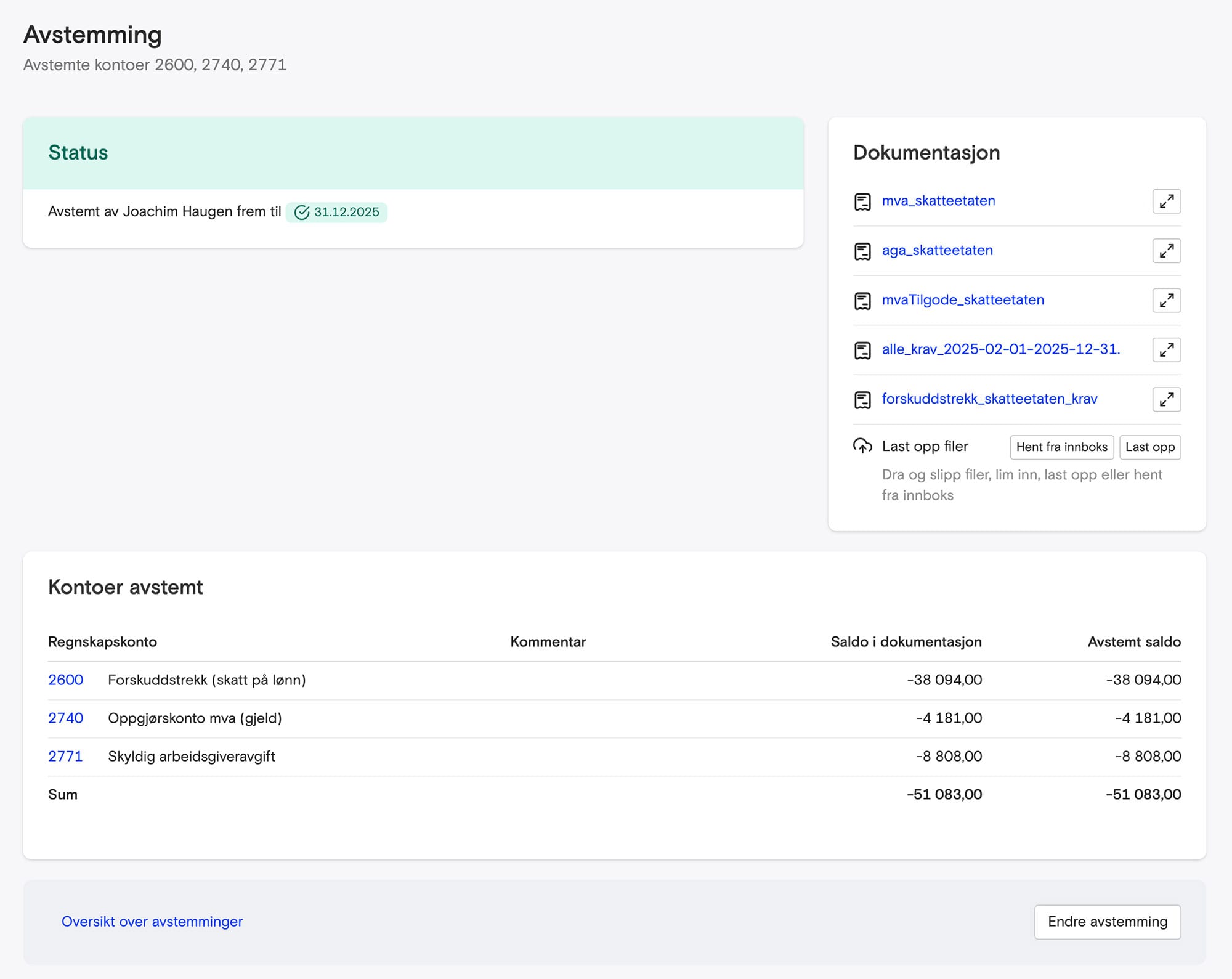 Skjermbildet fra svtemmingsmodulen som viser at regnskapet er avstemt frem til 31.12.25
