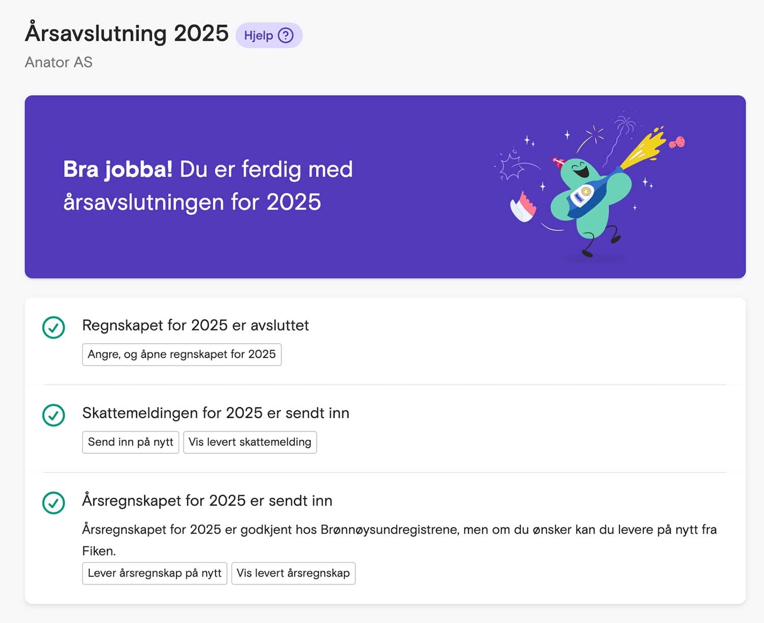 Skjermbilde fra Fiken som viser skattemelding og årsregnskapet er levert