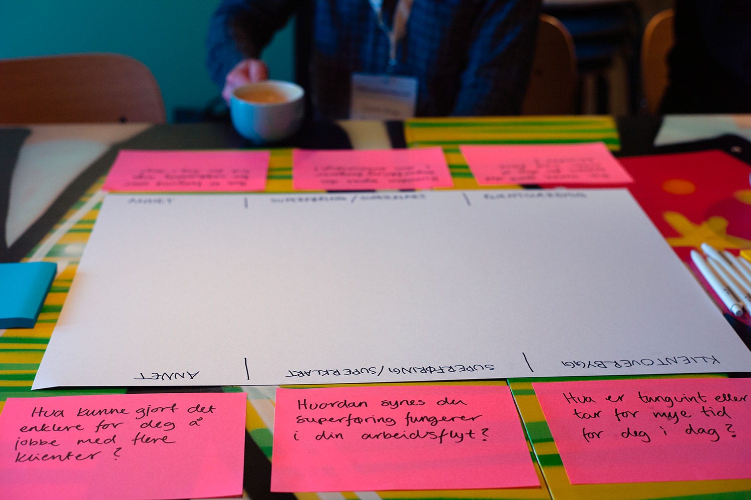 Fotografi som viser et langbord med store Post it-lapper på, for workshop og diskusjoner under partnerdagen