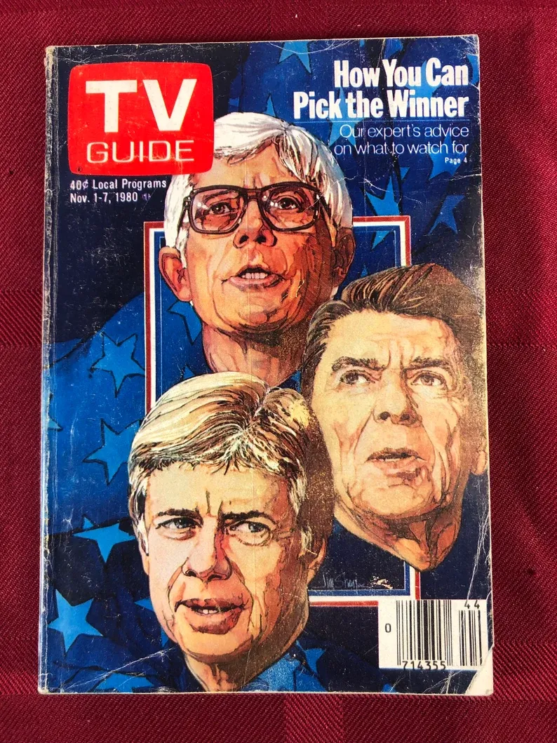 Drawings of three older white guys who happen to be running for president on a star-spangled cover of TV Guide.