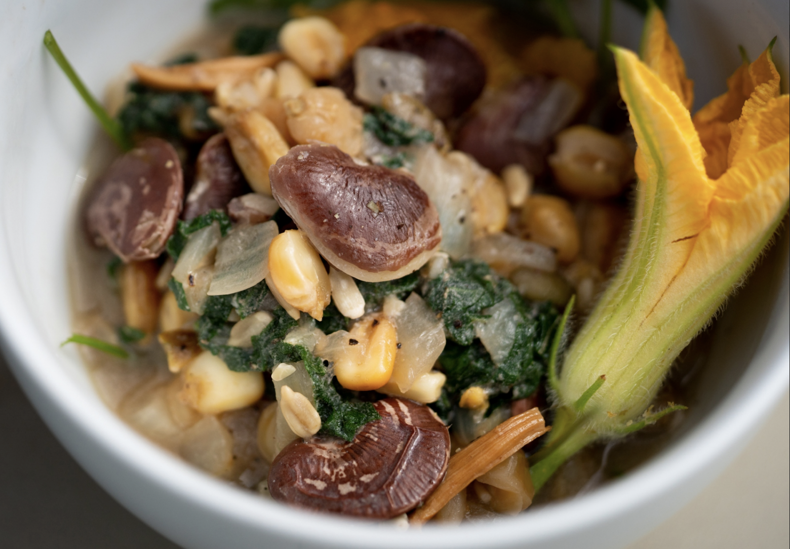 Creamy Squash Soup With Corn Salsa and Wild Onion Chimichurri