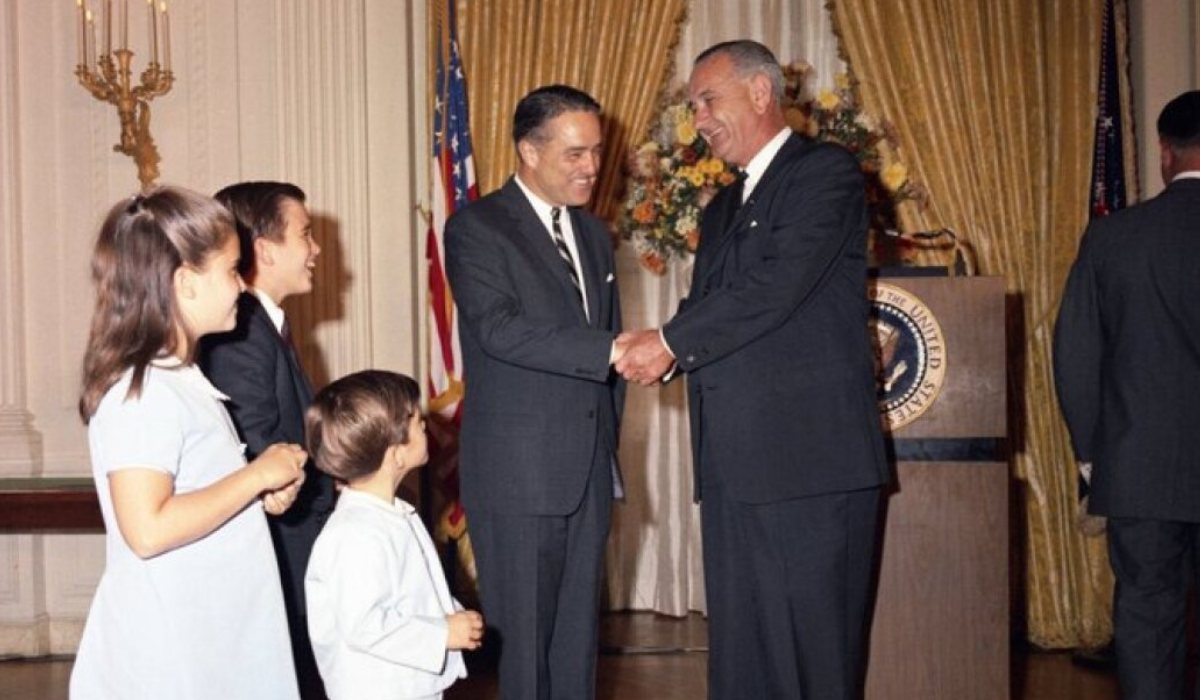 Sargent Shriver and President Lyndon B. Johnson with Maria, Bobby and Tim Shriver