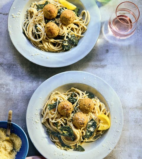 Lemon Parmesan Chicken Meatballs with Garlicky Lemon Pasta